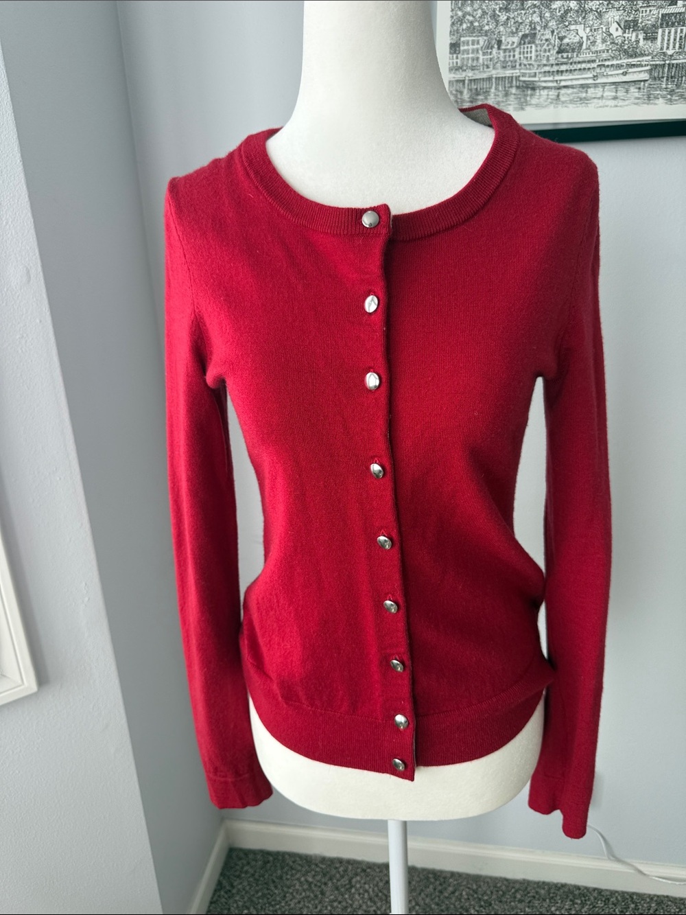 Banana Republic Merino Wool Red Button-Front Crewneck Cardigan